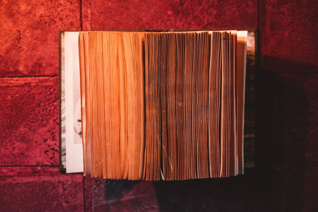 An old book with tattered pages facing out against a red background.
